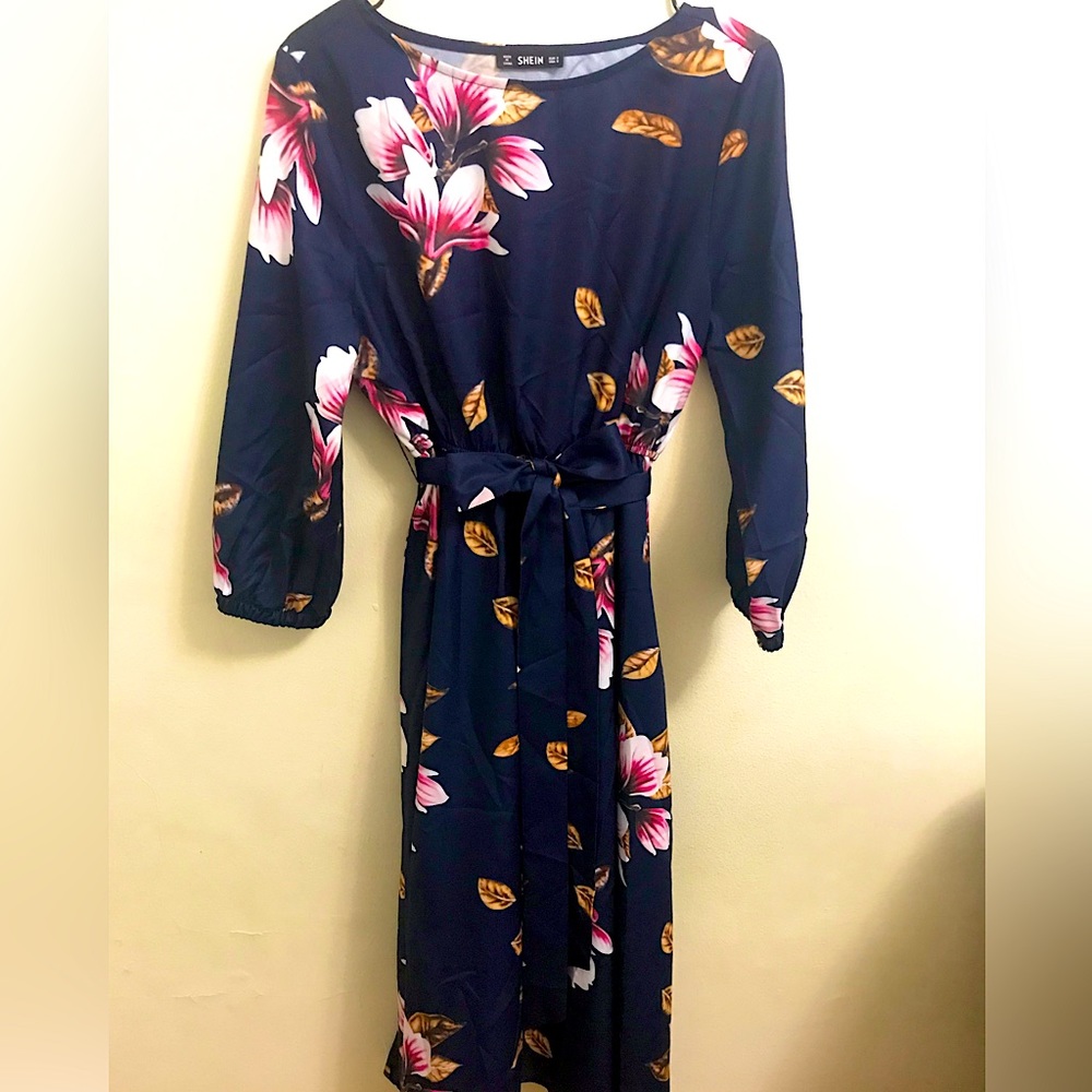 SHEIN Blue Floral Belted A-line Dress